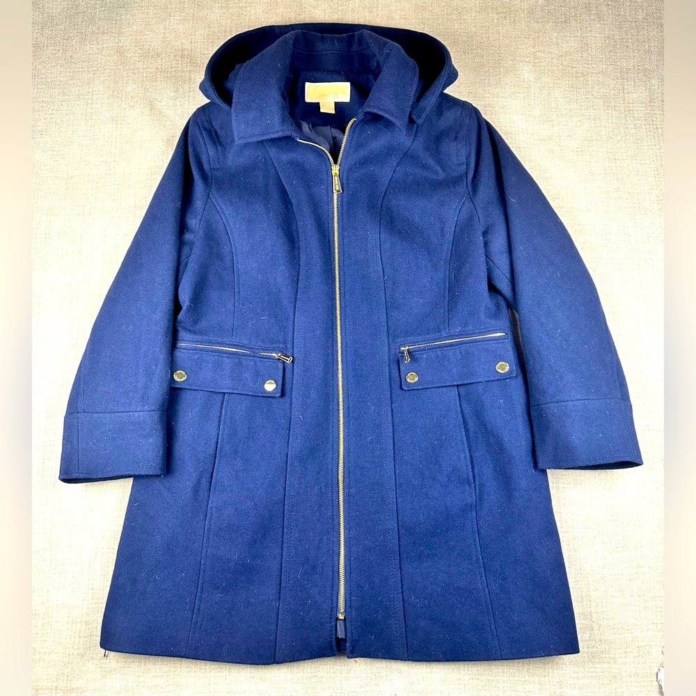 MICHAEL KORS Pea Coat Womens Size 14 Navy Wool Gold Buttons Removable Hood